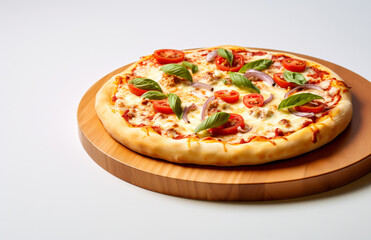 an italian pizza is placed on top of the table, in the style of high-key lighting, wood