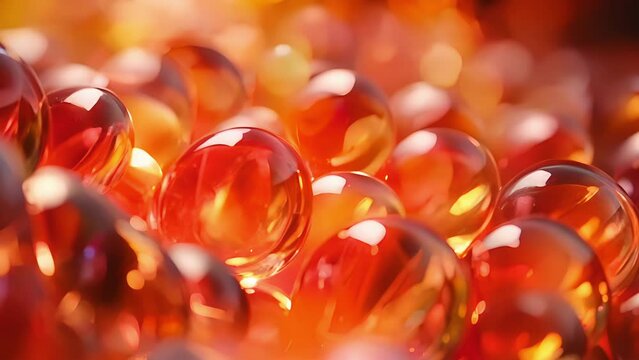Beads of Schnapps sparkling in vibrant hues of red and yellow suspended in time and space in a mesmerizing slowmotion macro shot.