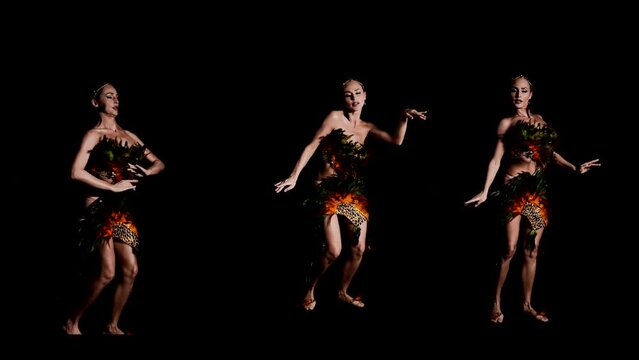 sexy lady dancing extravagant dance in black background, three shots collage, beautiful woman