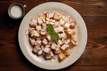 East Austrian cuisine - Kaiserschmarrn obe wooden able top. Overhead view.