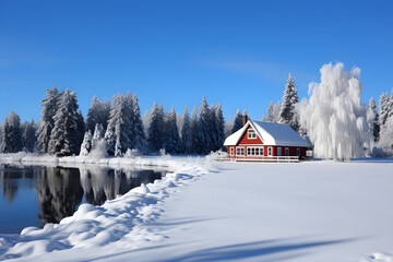house and lake in winter