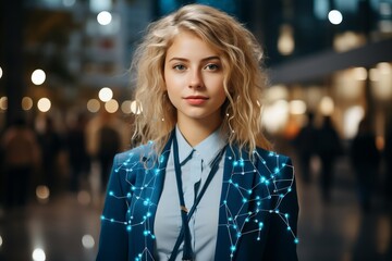 Portrait of a beautiful young woman in a blue jacket on the background of the night city.
