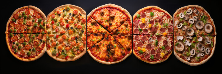 various types of pizzas shown in different sizes, in the style of collage impressionist, isolated figures, aerial photography, fisheye lens, shaped canvas