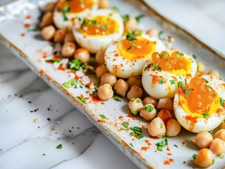 Foto op Canvas On a rectangular plate of Spanish - style boiled eggs with chickpeas on the table. © alla.naumenco