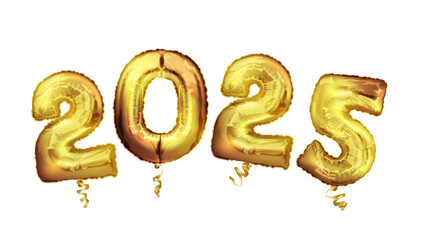 Happy New Year 2025. Background realistic golden balloons. Decorative design elements.