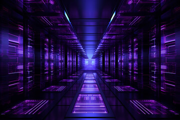 Generative AI Image of Modern Data Storage Center with Server Racks in Information Processing Room