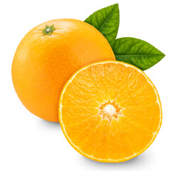 Fresh Orange fruit with leaf on white background. Japanese Ehime Orange with slices isolate on white with clipping path.