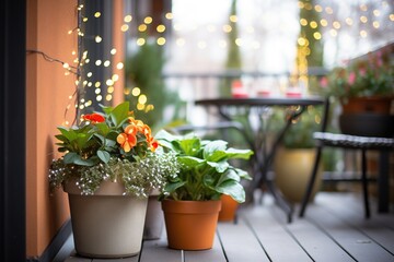 cluster of potted plants on a patio with string lights