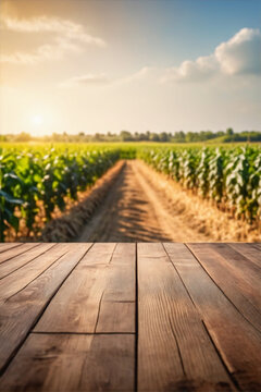 Frontal view of an empty wooden brown table top with blur background of corn field