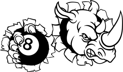 A rhino angry mean pool billiards mascot cartoon character holding a black 8 ball.