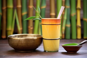 refreshing mango lassi in a copper cup with a bamboo background
