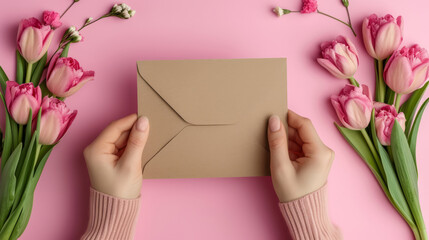 Obraz premium Young woman hands holding an envelope containing a love letter or a card from a friend in the mail