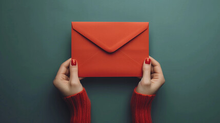 Young woman hands holding an envelope containing a love letter or a card from a friend in the mail