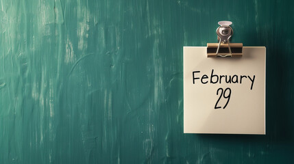Note on green wall background with written February 29 as a reminder for leap year day with copy space