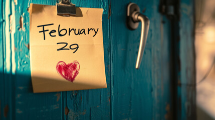 Yellow note on door background with written February 29 as a reminder for leap year day with copy space - obrazy, fototapety, plakaty