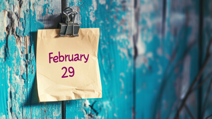 Yellow note on wooden blue wall background with written February 29 as a reminder for leap year day with copy space