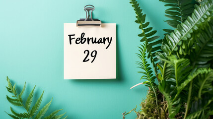 Note on green wall background with written February 29 as a reminder for leap year day with plants