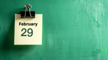 Note on green wall background with written February 29 as a reminder for leap year day with copy space - obrazy, fototapety, plakaty