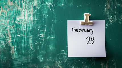 White note on green wall background with written February 29 as a reminder for leap year day with copy space - obrazy, fototapety, plakaty