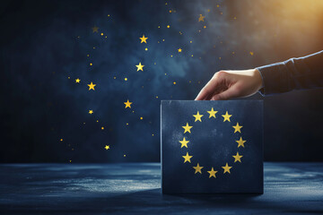 European Union elections concept image background , ballot box with EU flag colors and stars and hand holding a ballot paper voting - obrazy, fototapety, plakaty