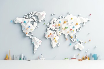 World Map with Icons Representing Famous Landmarks, Featured on a Minimalist White Canvas, Generative AI