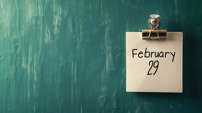 Note on green wall background with written February 29 as a reminder for leap year day with copy space
