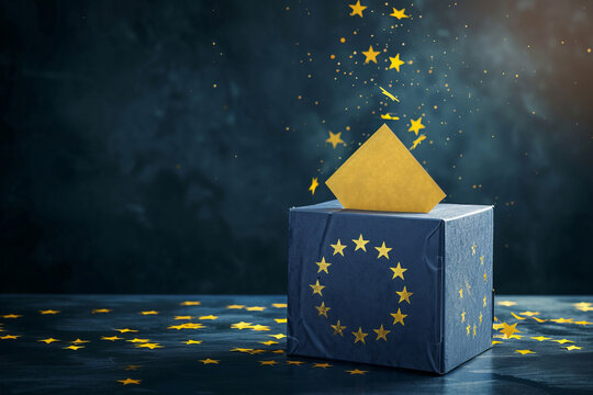 European Union elections concept image background , ballot box with EU flag colors and stars and ballot paper