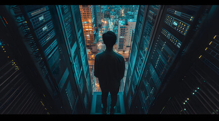 IT engineer in a large database server center office, surrounded by racks of hardware in a big cloud data center. Illustrating high-speed data transfer, server management, and advanced technology.