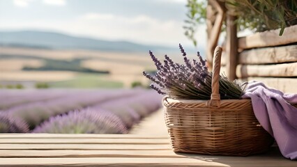 Serene lavender field view with freshly picked bouquet in wicker basket. AI - obrazy, fototapety, plakaty