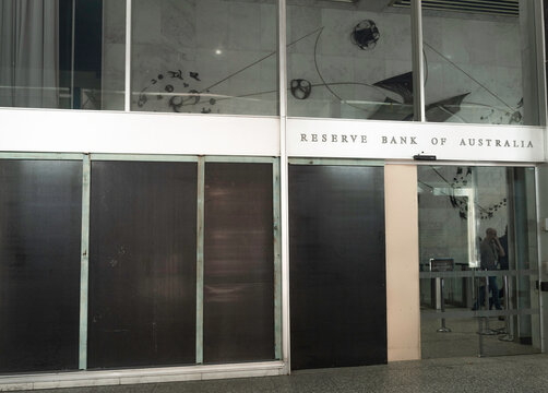 Entrance of the Reserve Bank of Australia in Martin Place, Sydney NSW, Australia in January 2024