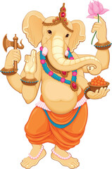 Ganesha, Hindu god with elephant head. Vector isolated character with transparent background
