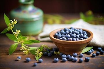freshly picked organic blueberries in a rustic bowl