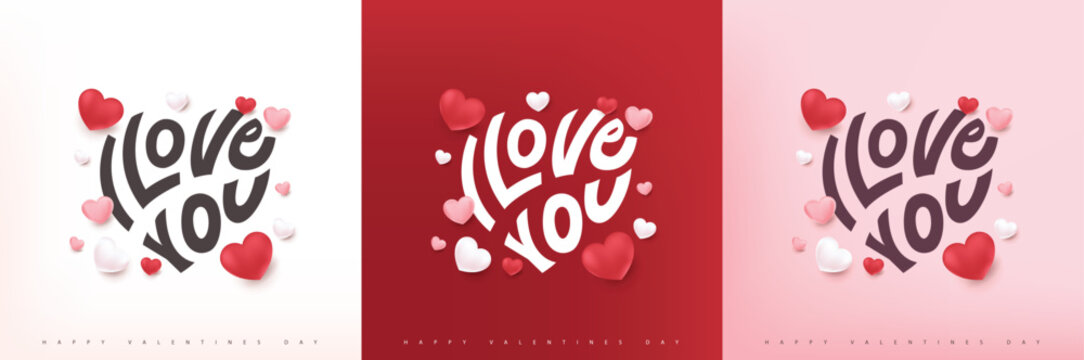 Calligraphy in heart shape I love you, Valentine's day greeting card, banner template. Holidays background with festive heart shaped decorations Elements for valentine day 