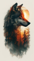 Wolf forest. Wild nature beautiful landscape animal silhouette poster.
Generetiv AI.
