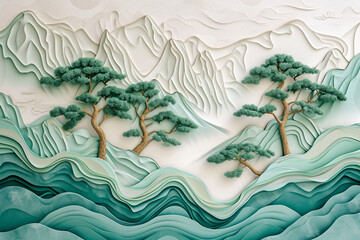 Fashionable new Chinese style landscape paper-cut three-dimensional space, new Chinese style paper-cut style landscape picture