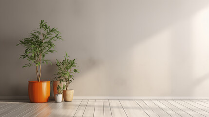 Two lush indoor plants in colorful pots basking in the natural sunlight of a room with wooden flooring and a soft beige wall.