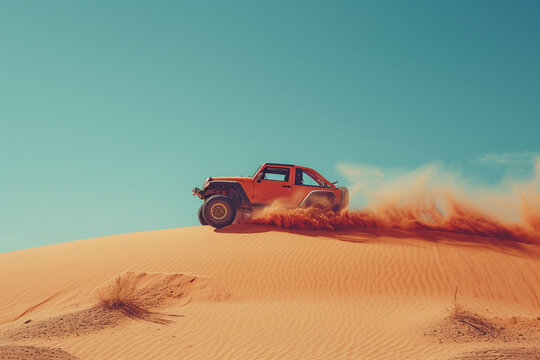 An image of a lone buggy jumping over a sand dune, with a clear blue sky in the background,