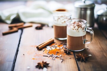 vegan hot chocolate with almond milk and coconut shavings - obrazy, fototapety, plakaty