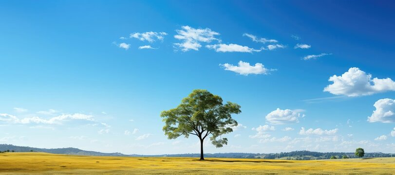 A lone tree stands in an open field, with the horizon and clouds in the background, creating a simple yet evocative scene that conveys a sense of solitude and connection with nature. © DIMENSIONS