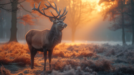 A majestic stag standing in a forest clearing, meditating in the early morning pastel fog,