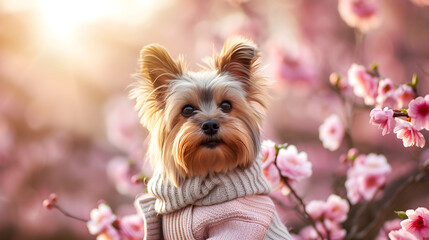 Beautiful little dog in clothes in the spring garden