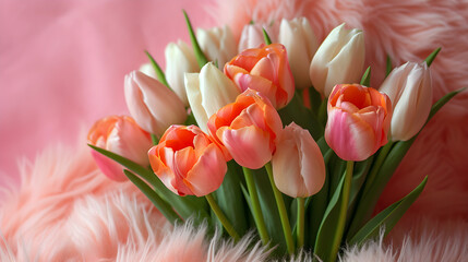 Beautiful pink and white tulips on a peach fuzz background