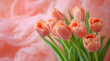 Beautiful  peach   tulips on a background of peach fluff
