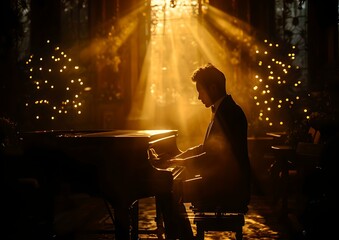 A silhouetted pianist enveloped in warm light amidst sparkles. intimate concert setting captured. AI