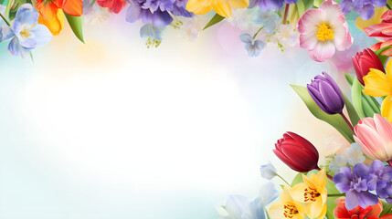 Spring floral banner with copy space. Gentle spring flowers on a pastel background, gradient