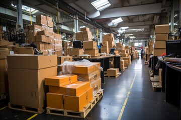 a huge distribution warehouse with boxes on racks, a loader for boxes