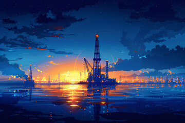 oil platform at sunset - obrazy, fototapety, plakaty