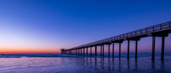 Panoramic view of UCSD Scripps Pier in La Jolla at Magic Hour
