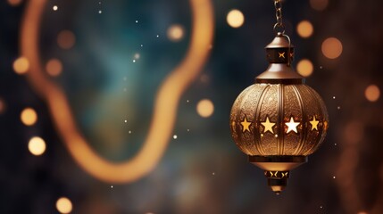 Islamic lantern candle lamp in the night with glowing stars on the dark background, Eid and Ramadan Mubarak concept