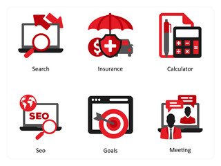 Six Business icons in red and black as search, insurance, calculator